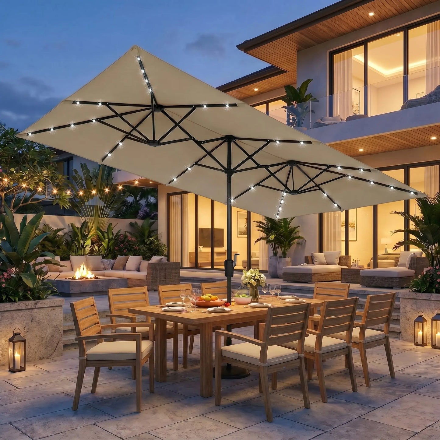 15 FT Double-Sided Rectangle Patio Umbrella with Solar LED Lighting and Crank Handle for Outdoor Spaces - Base Not Included