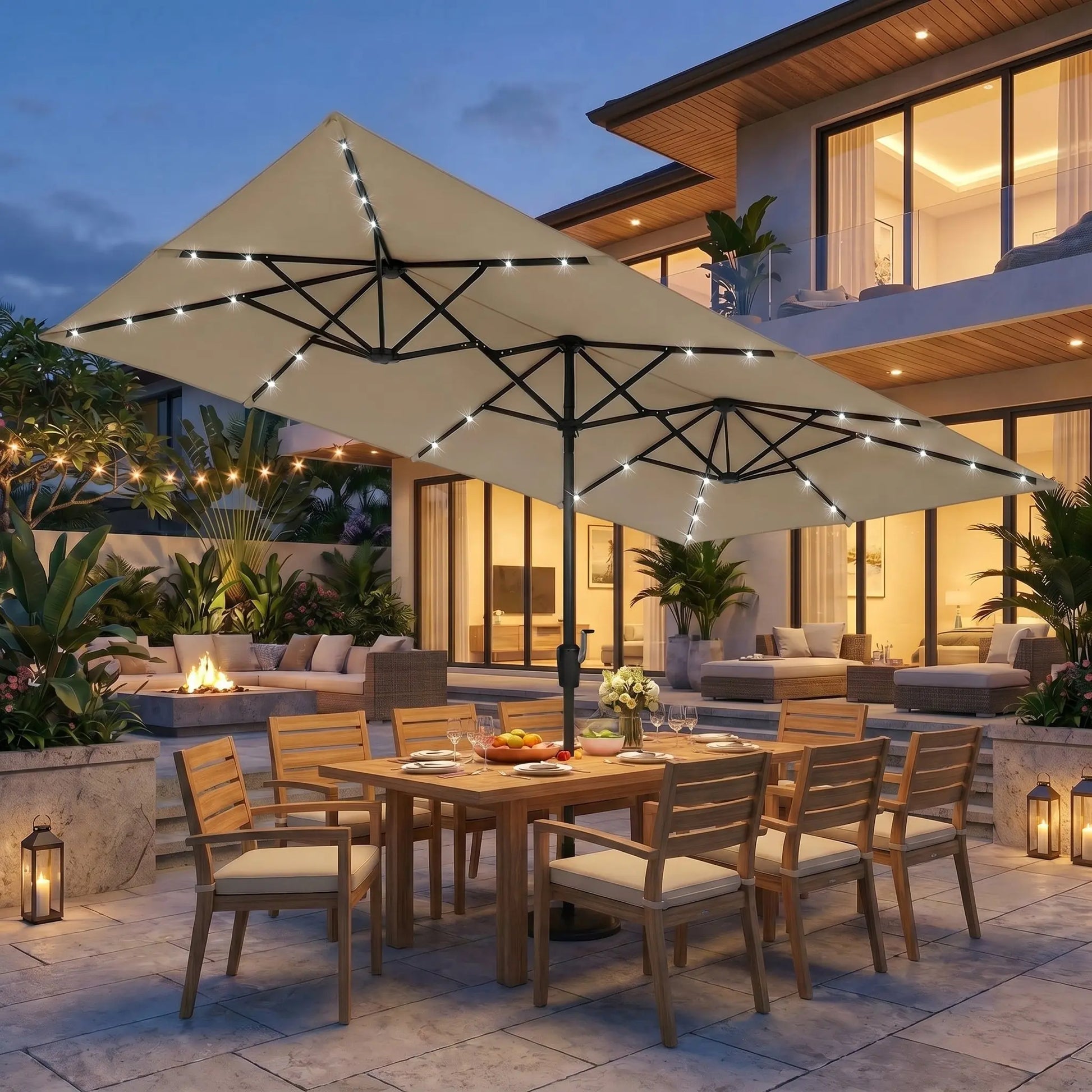 15 FT Double-Sided Rectangle Patio Umbrella with Solar LED Lighting and Crank Handle for Outdoor Spaces - Base Not Included