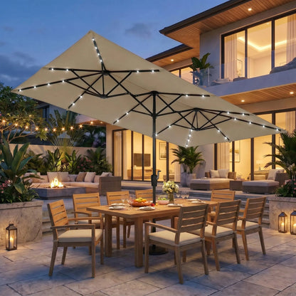 15 FT Double-Sided Rectangle Patio Umbrella with Solar LED Lighting and Crank Handle for Outdoor Spaces - Base Not Included