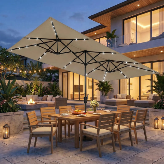 15 FT Double-Sided Rectangle Patio Umbrella with Solar LED Lighting and Crank Handle for Outdoor Spaces - Base Not Included