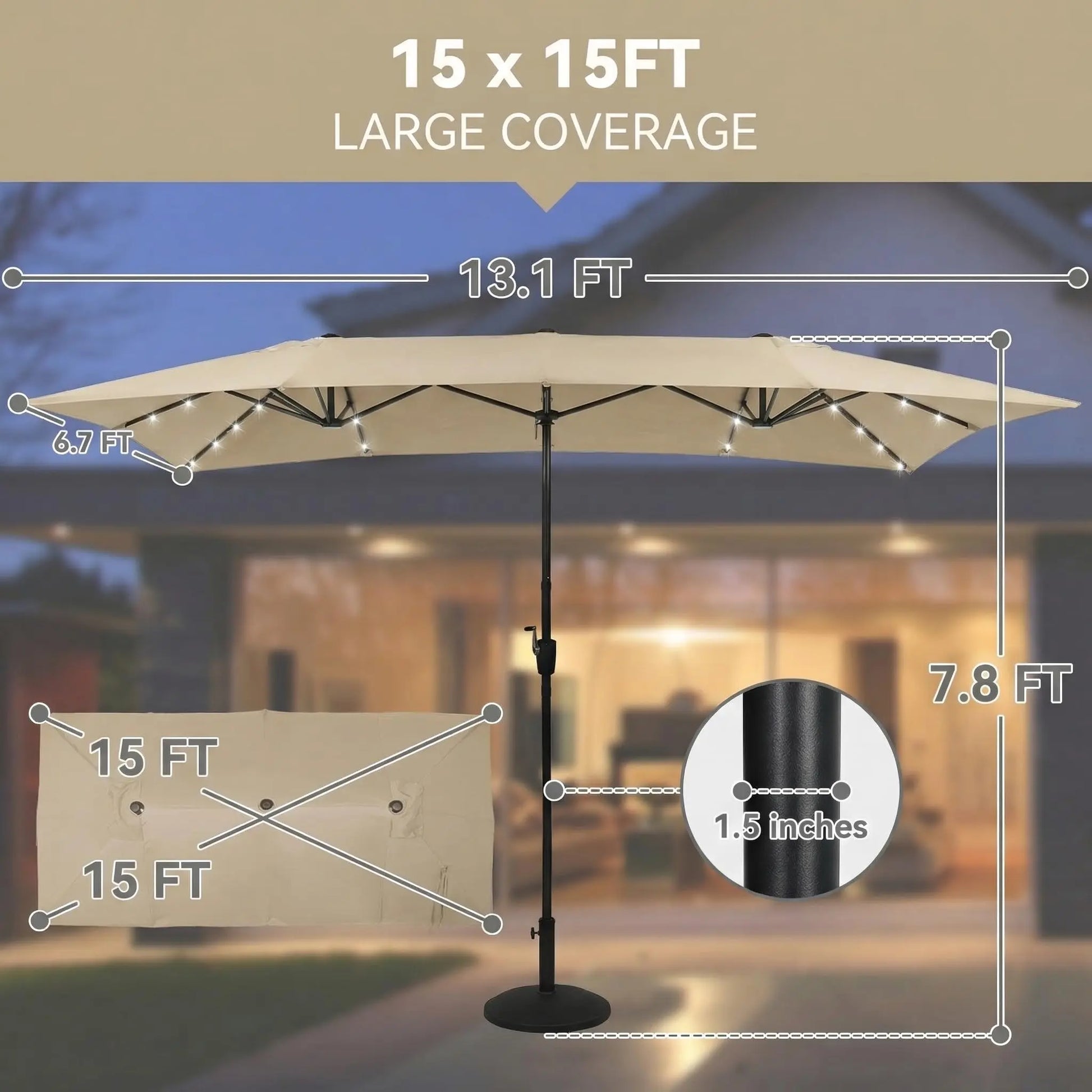 15 FT Double-Sided Rectangle Patio Umbrella with Solar LED Lighting and Crank Handle for Outdoor Spaces - Base Not Included
