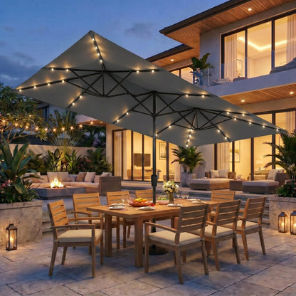 15 FT Double-Sided Rectangle Patio Umbrella with Solar LED Lighting and Crank Handle for Outdoor Spaces - Base Not Included