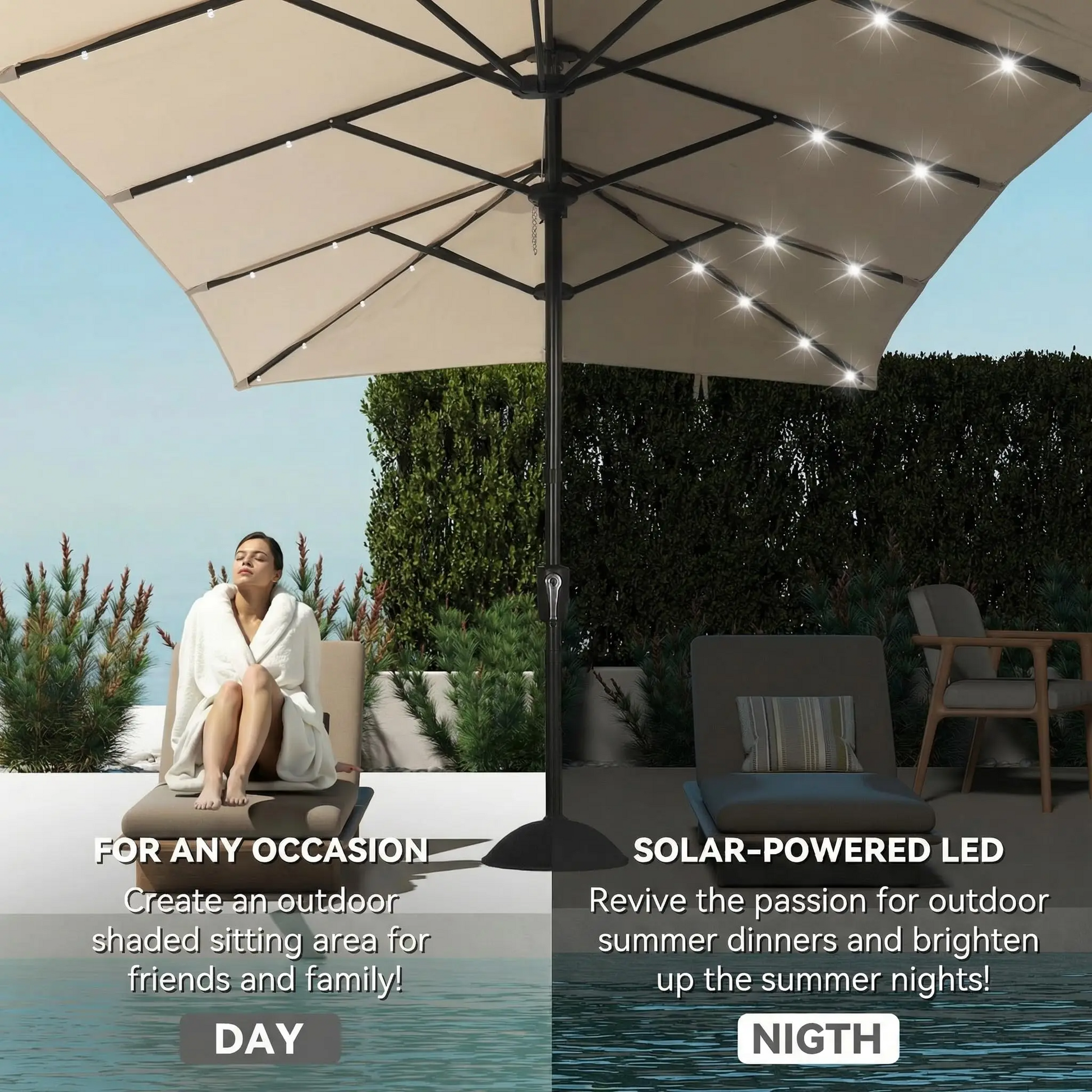 15 FT Double-Sided Rectangle Patio Umbrella with Solar LED Lighting and Crank Handle for Outdoor Spaces - Base Not Included