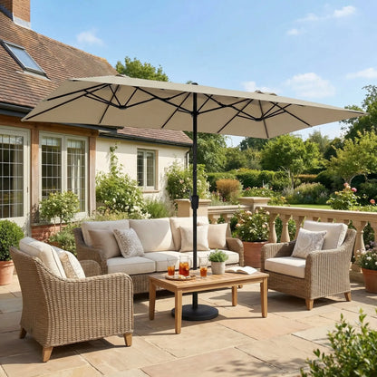 15 FT Double-Sided Rectangle Patio Umbrella with Solar LED Lighting and Crank Handle for Outdoor Spaces - Base Not Included