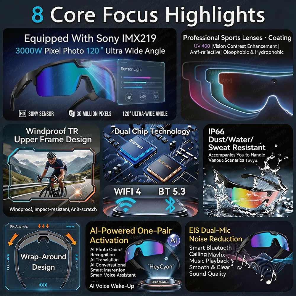 2026 AI-Enhanced Smart Sports Shooting and Recording Glasses with 800W HD Camera and Anti-Shake Technology for Cycling