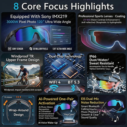 2026 AI-Enhanced Smart Sports Shooting and Recording Glasses with 800W HD Camera and Anti-Shake Technology for Cycling