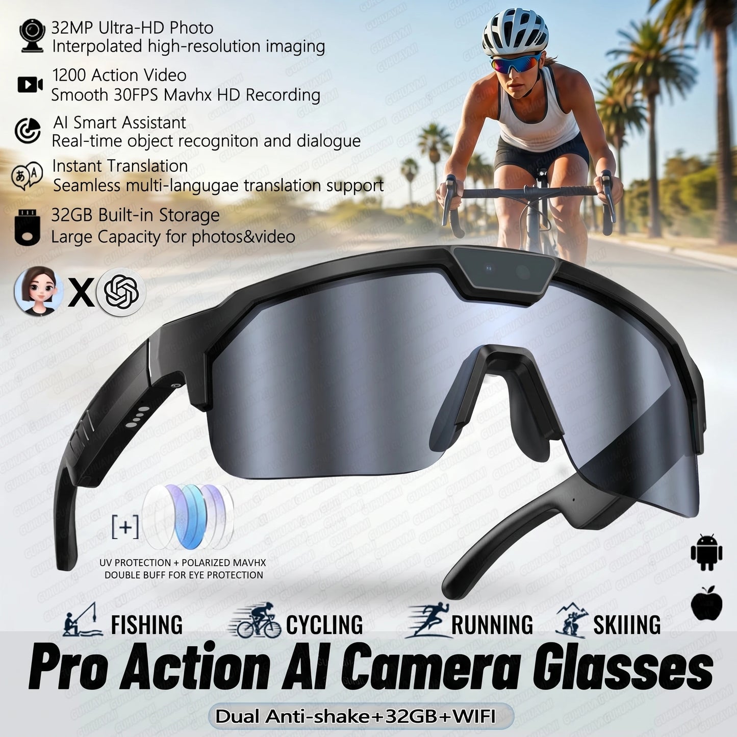 2026 AI-Enhanced Smart Sports Shooting and Recording Glasses with 800W HD Camera and Anti-Shake Technology for Cycling