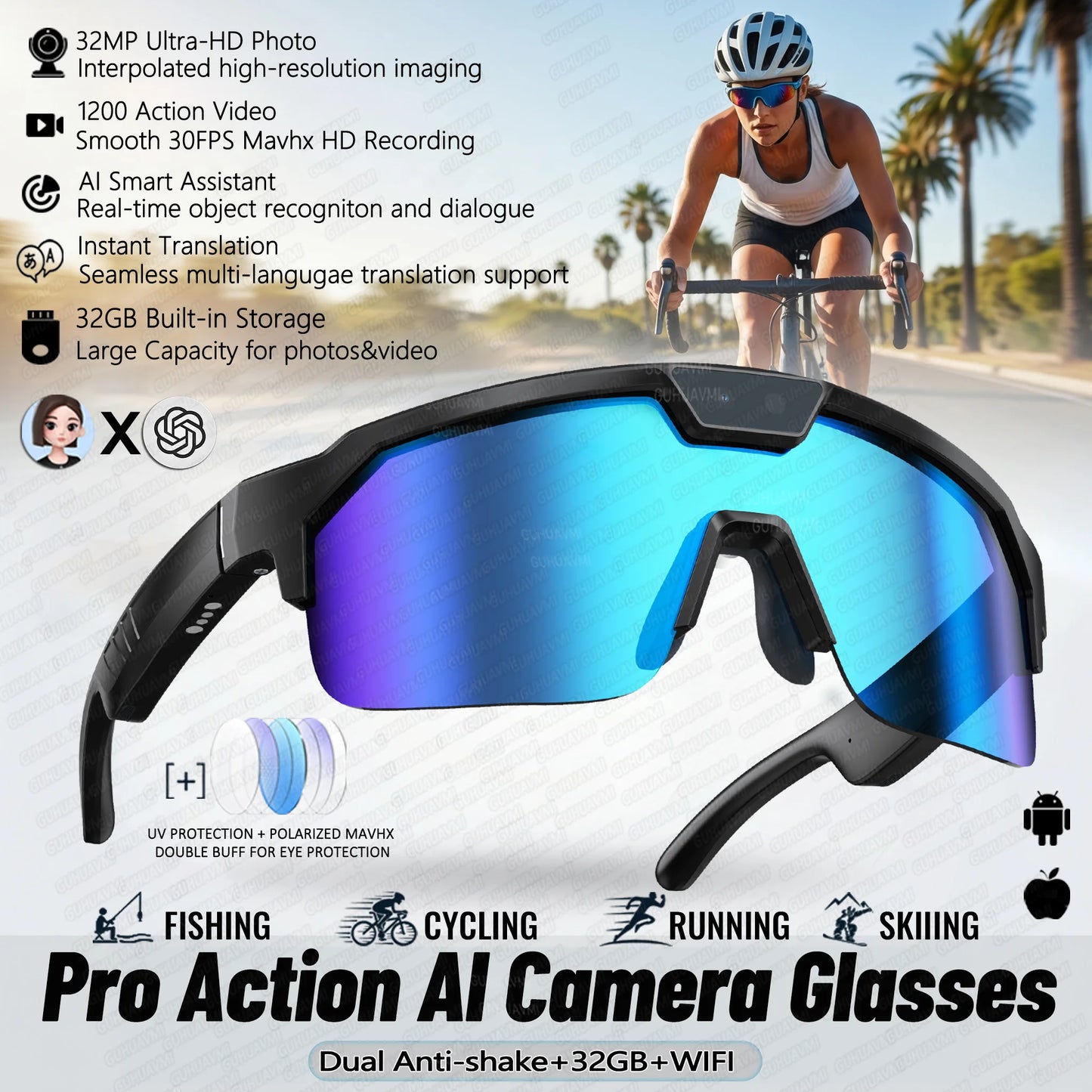 2026 AI-Enhanced Smart Sports Shooting and Recording Glasses with 800W HD Camera and Anti-Shake Technology for Cycling