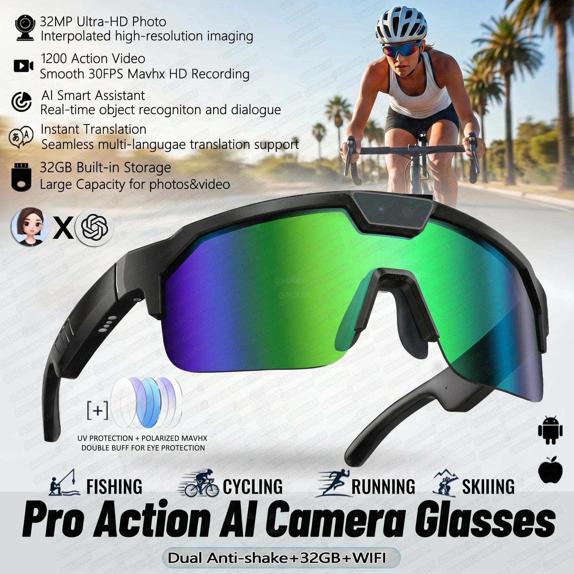 2026 AI-Enhanced Smart Sports Shooting and Recording Glasses with 800W HD Camera and Anti-Shake Technology for Cycling