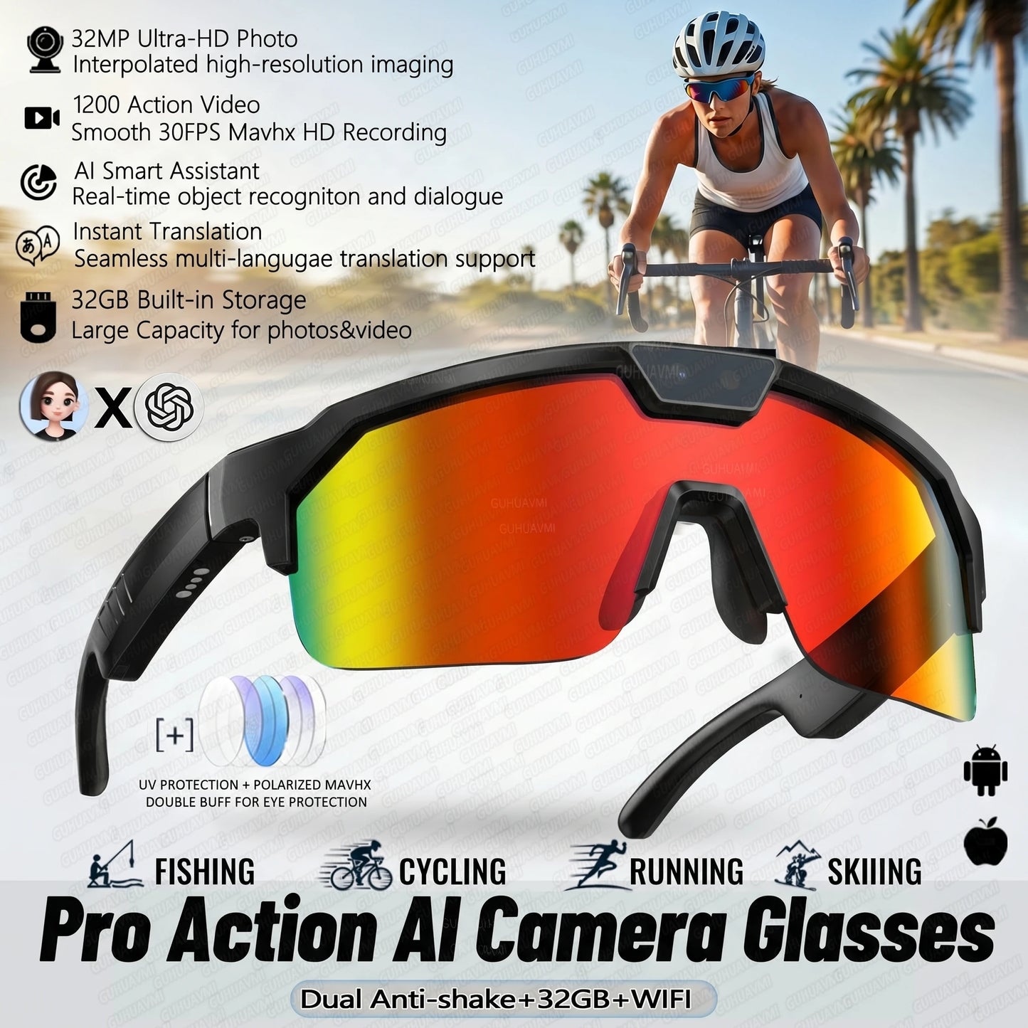 2026 AI-Enhanced Smart Sports Shooting and Recording Glasses with 800W HD Camera and Anti-Shake Technology for Cycling