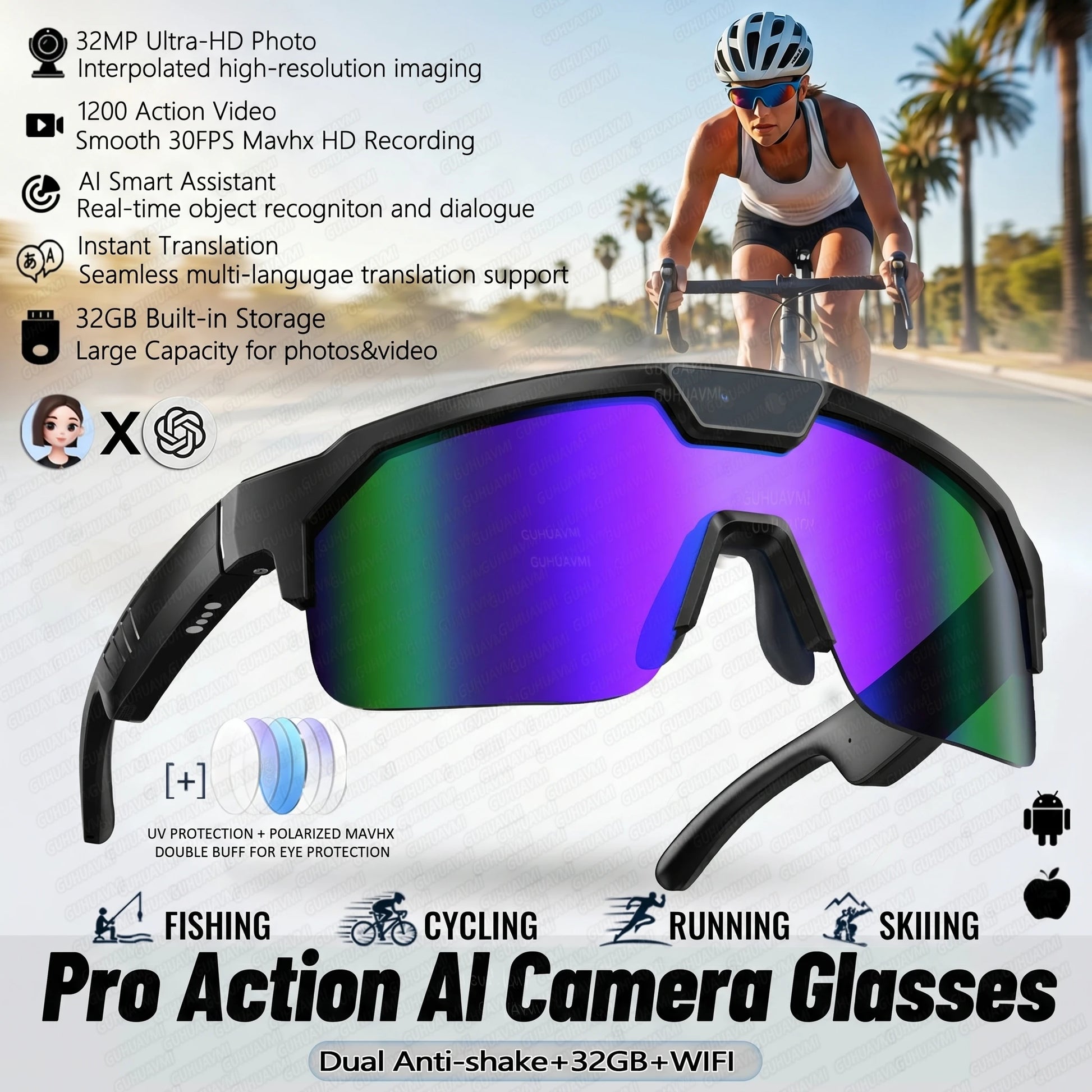 2026 AI-Enhanced Smart Sports Shooting and Recording Glasses with 800W HD Camera and Anti-Shake Technology for Cycling