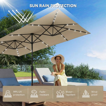 15 FT Double-Sided Rectangle Patio Umbrella with Solar LED Lighting and Crank Handle for Outdoor Spaces - Base Not Included
