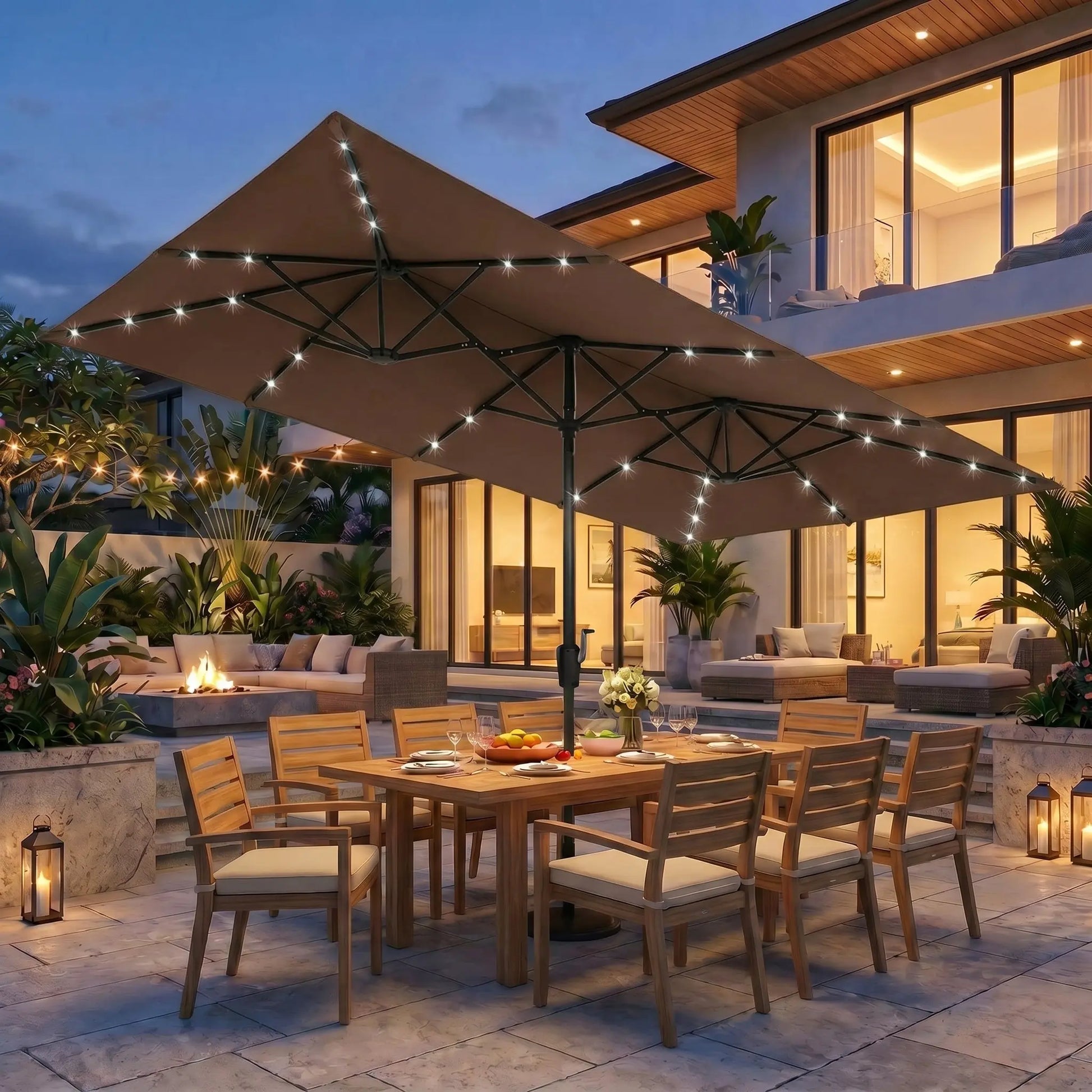15 FT Double-Sided Rectangle Patio Umbrella with Solar LED Lighting and Crank Handle for Outdoor Spaces - Base Not Included