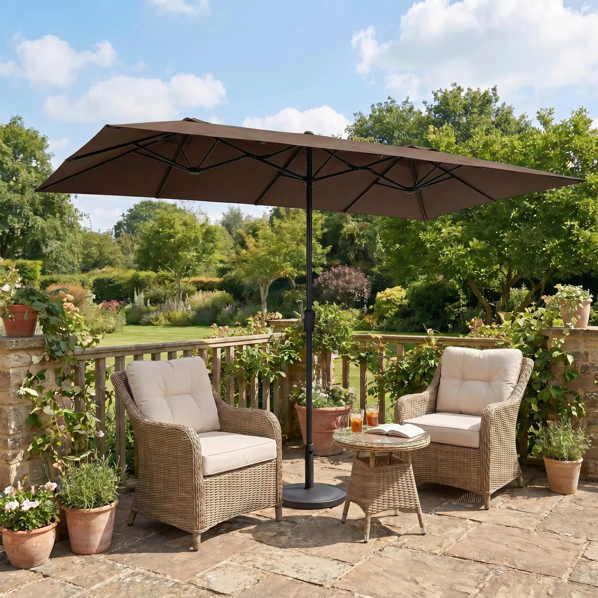 15 FT Double-Sided Rectangle Patio Umbrella with Solar LED Lighting and Crank Handle for Outdoor Spaces - Base Not Included