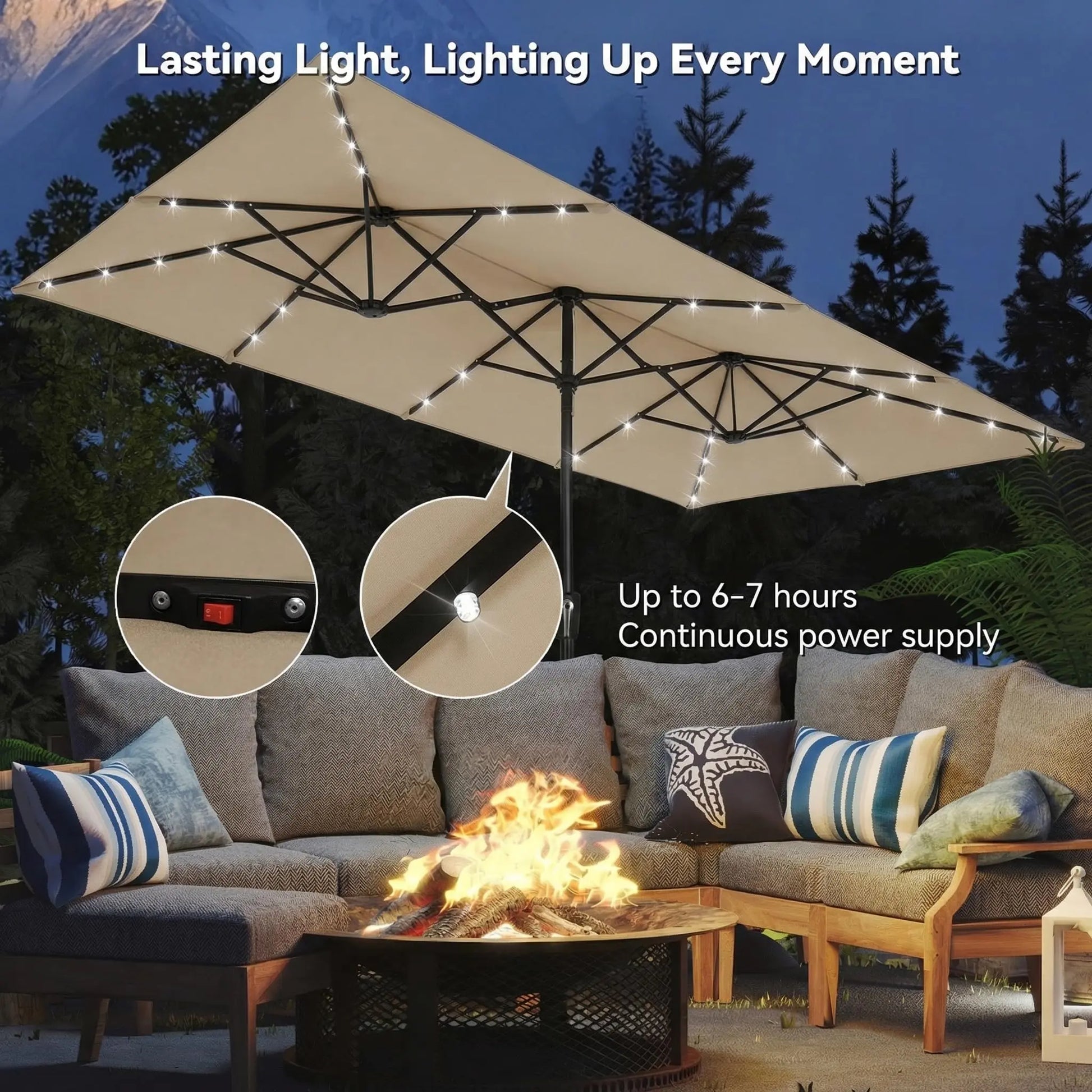 15 FT Double-Sided Rectangle Patio Umbrella with Solar LED Lighting and Crank Handle for Outdoor Spaces - Base Not Included